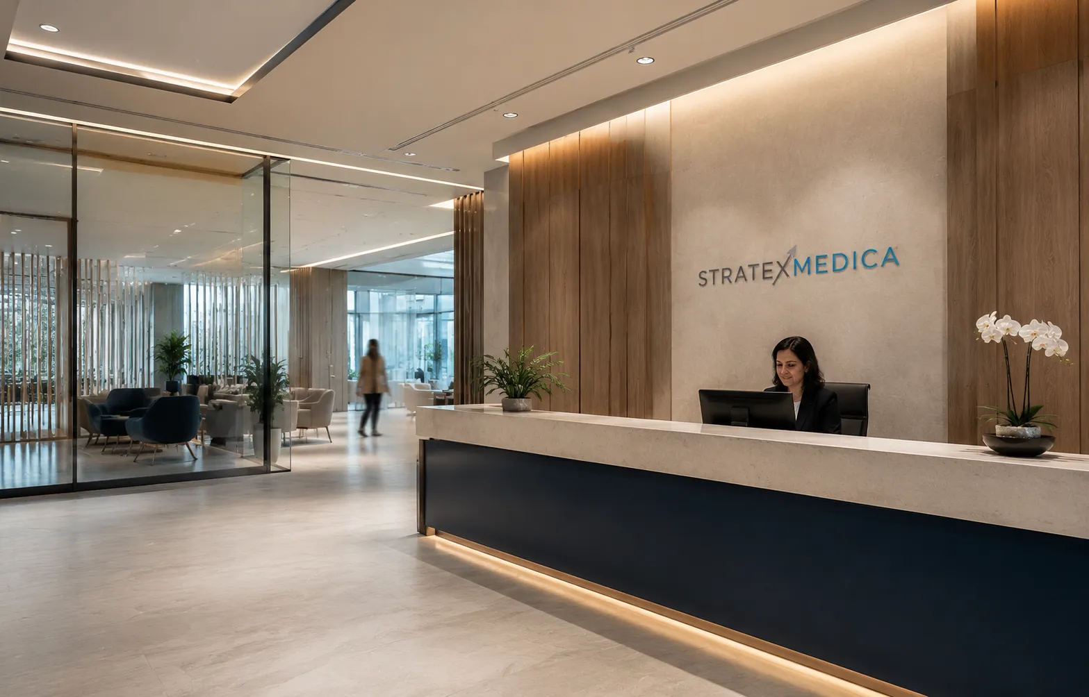Consulting reception representing the Stratex Medica brand atmosphere