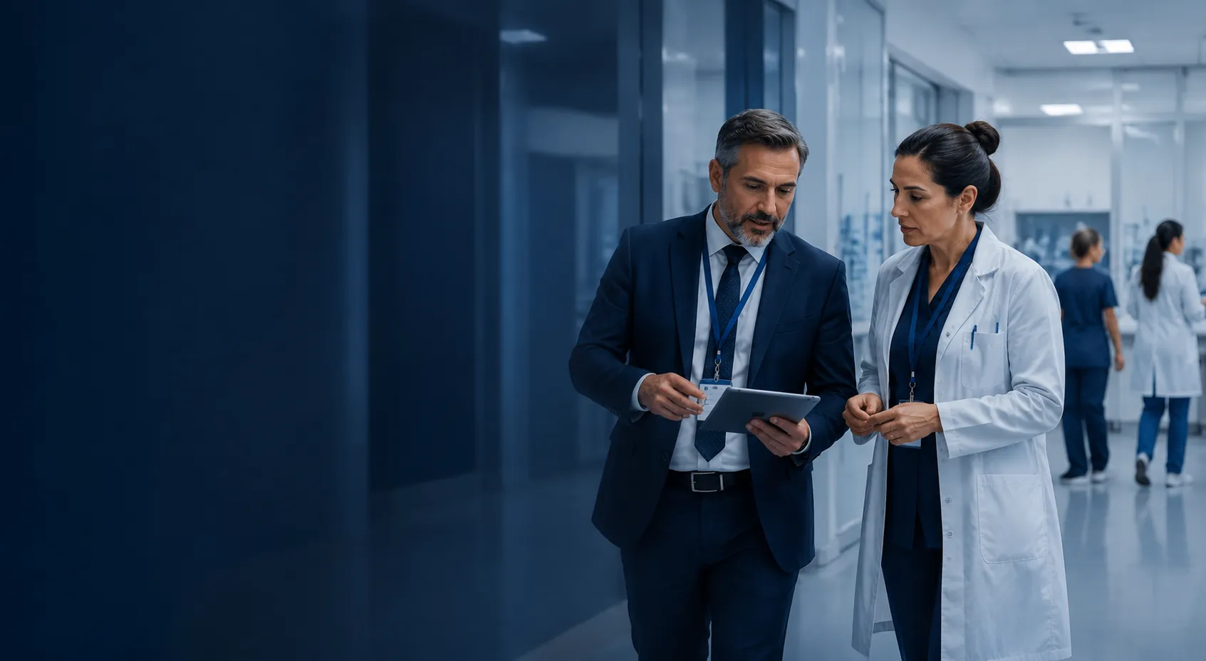 A healthcare executive and physician reviewing quality processes together