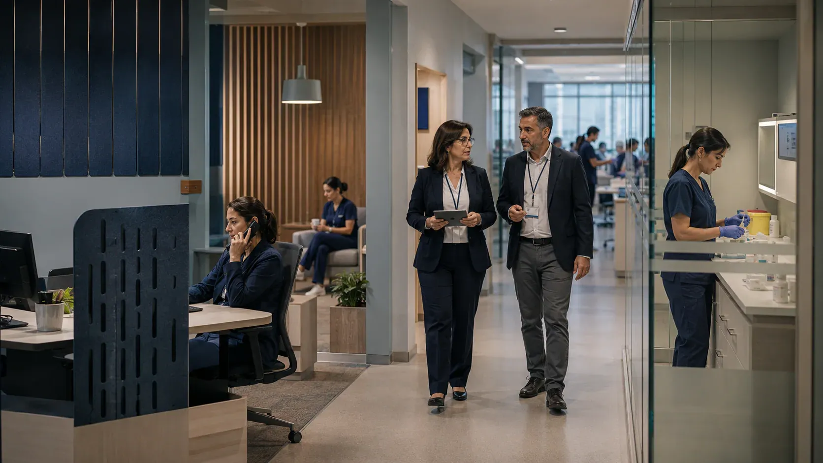 Sağlık yöneticisi, finans uzmanı ve klinik liderin hizmet hattı performans tablosunu birlikte değerlendirdiği profesyonel toplantı