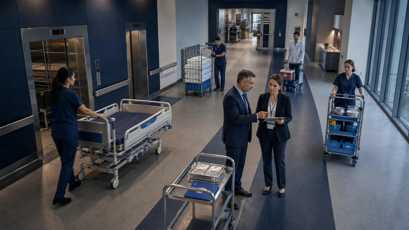 Hastane yöneticileri ve klinik liderlerin hasta akışı ile kapasite planını değerlendirdiği operasyon toplantısı