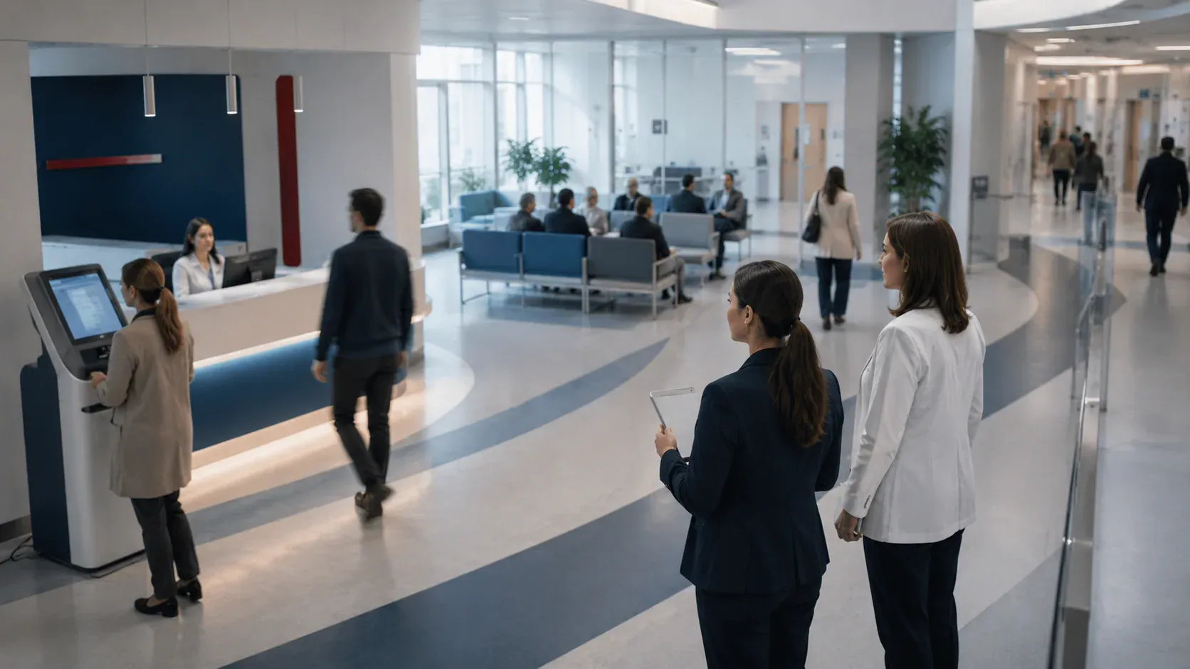 Modern bir poliklinikte hasta akışını gösteren sade süreç panosu, kayıt alanı ve klinik ekip; hasta yüzleri tanınmayacak şekilde