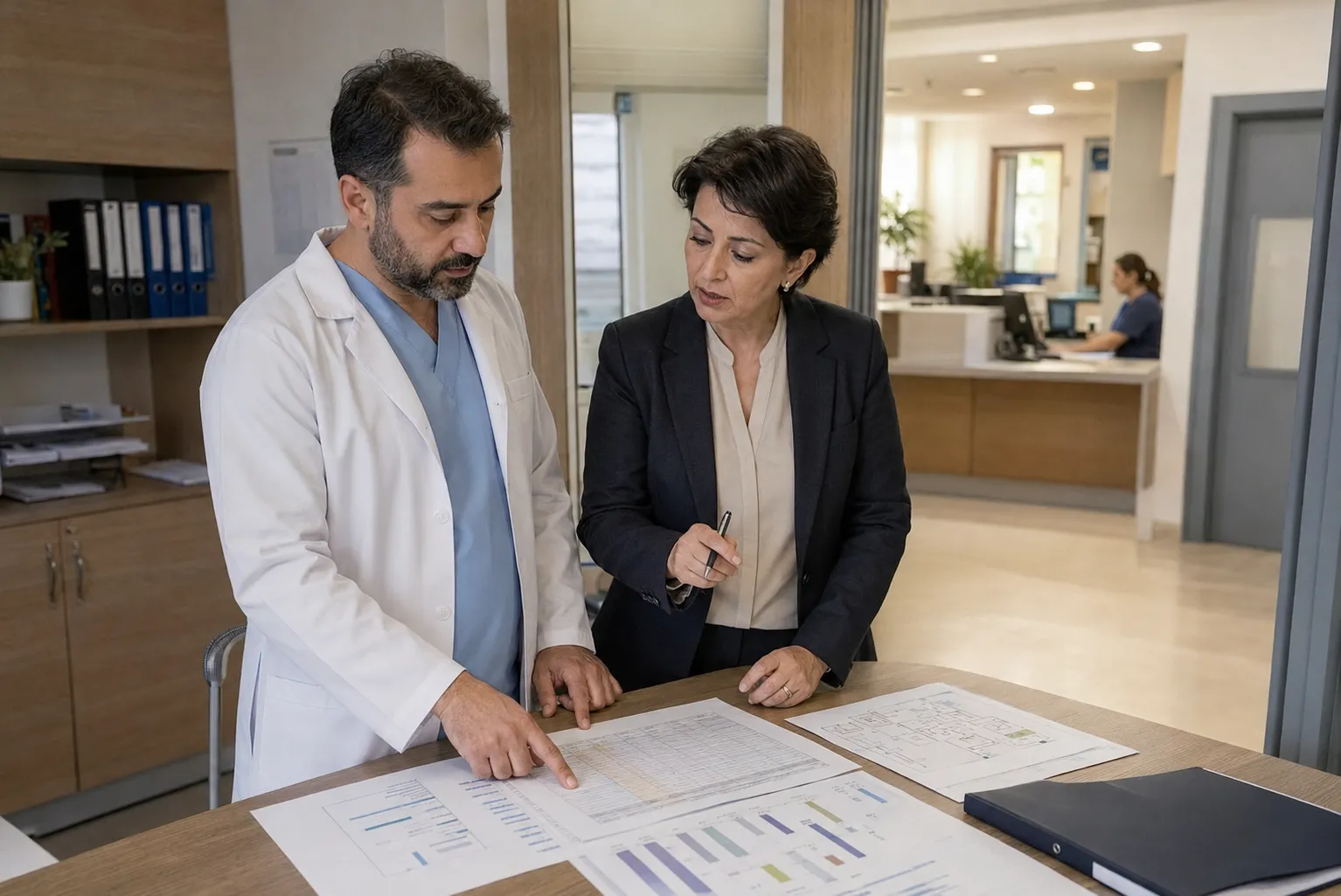 Klinik stratejisini değerlendiren hekim ve danışman