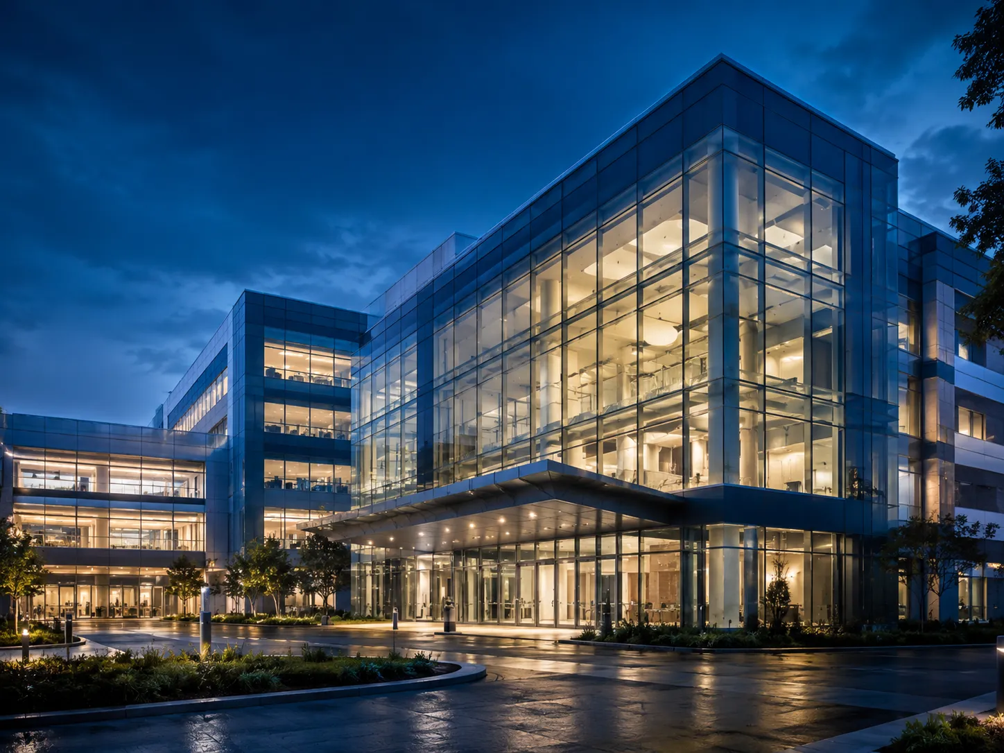 Modern healthcare organization building illuminated in the evening